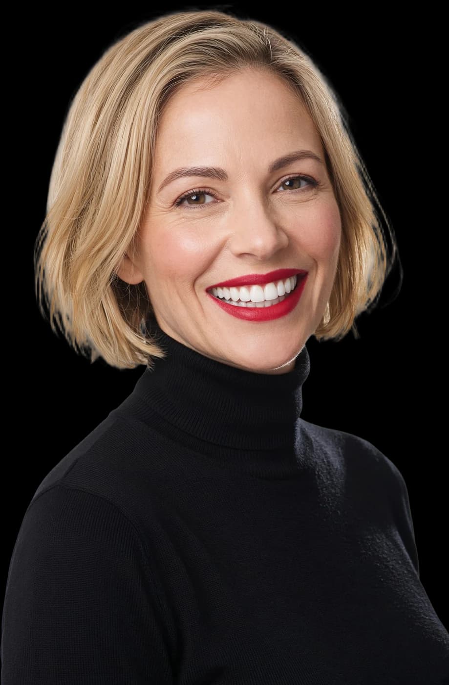 Donna di 38 anni con sorriso sicuro e denti allineati